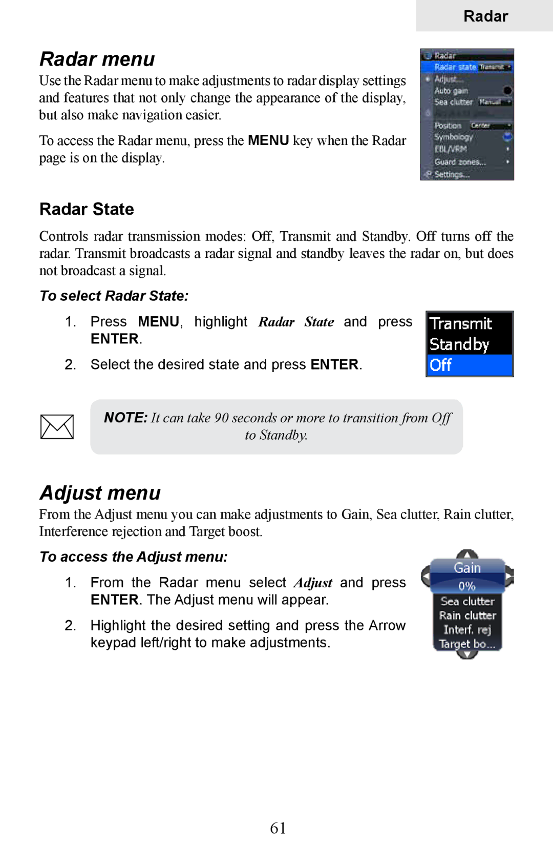 Lowrance electronic HDS-8M, HDS-10M operation manual Radar menu, To select Radar State, To access the Adjust menu 