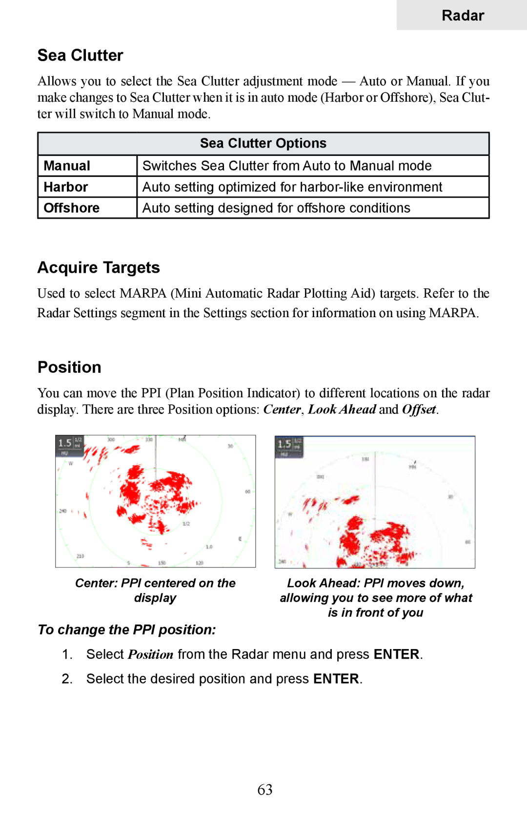 Lowrance electronic HDS-10M, HDS-8M operation manual Sea Clutter, Acquire Targets, Position, To change the PPI position 