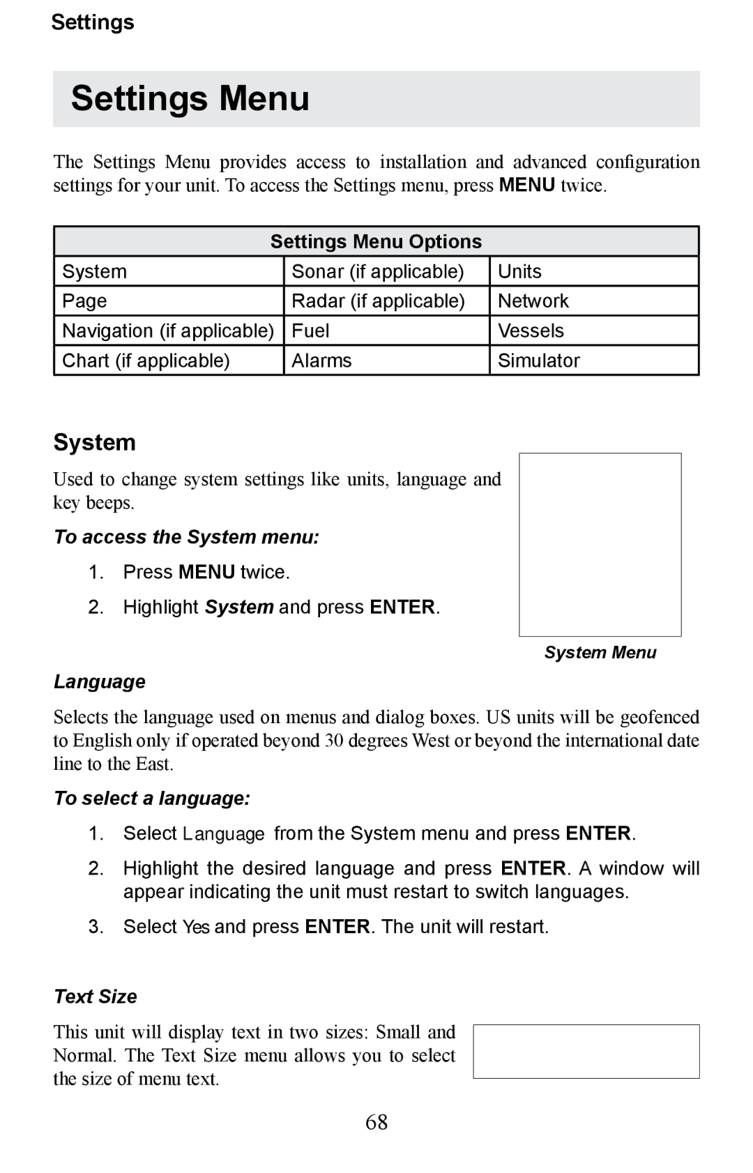 Lowrance electronic HDS-8M, HDS-10M operation manual Settings Menu, To access the System menu, Language, Text Size 