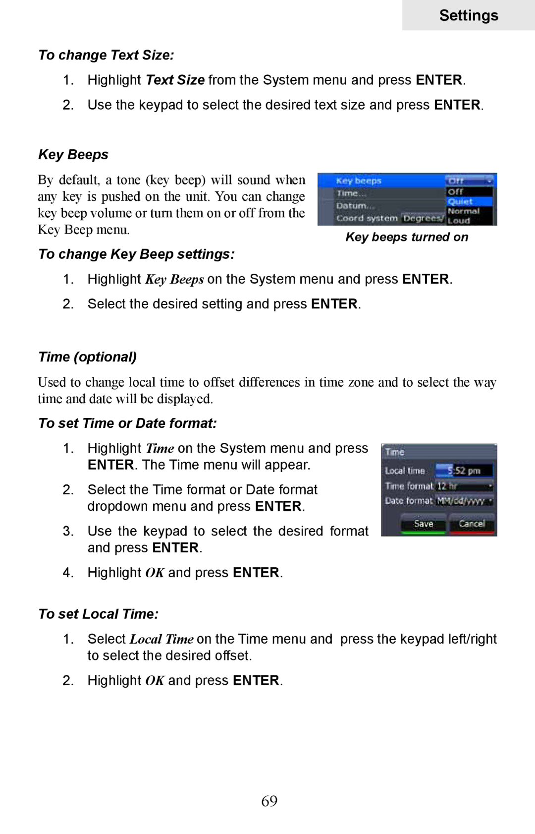 Lowrance electronic HDS-8 To change Text Size, Key Beeps, To change Key Beep settings, Time optional, To set Local Time 