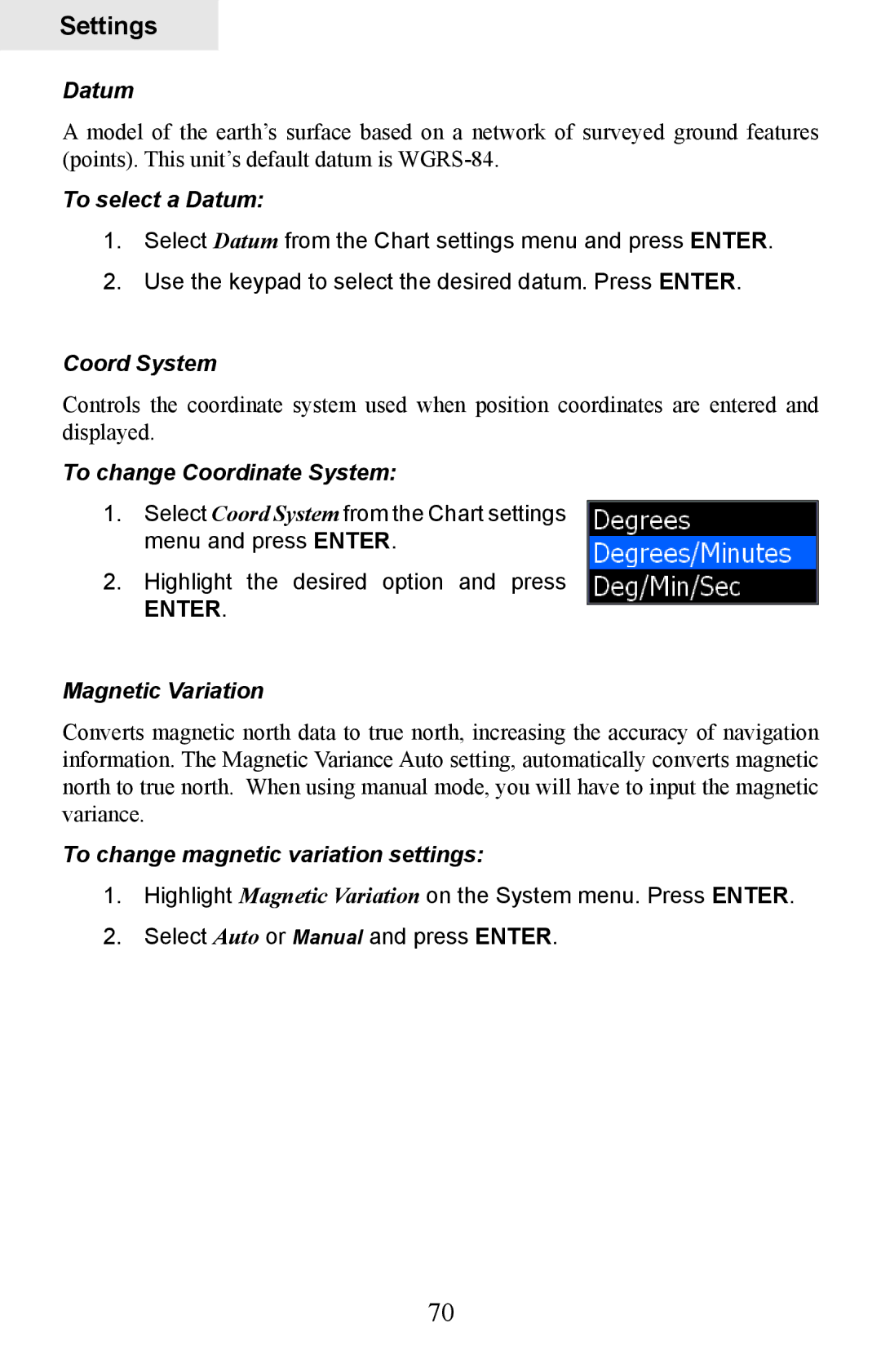 Lowrance electronic HDS-8M, HDS-10M To select a Datum, Coord System, To change Coordinate System, Magnetic Variation 