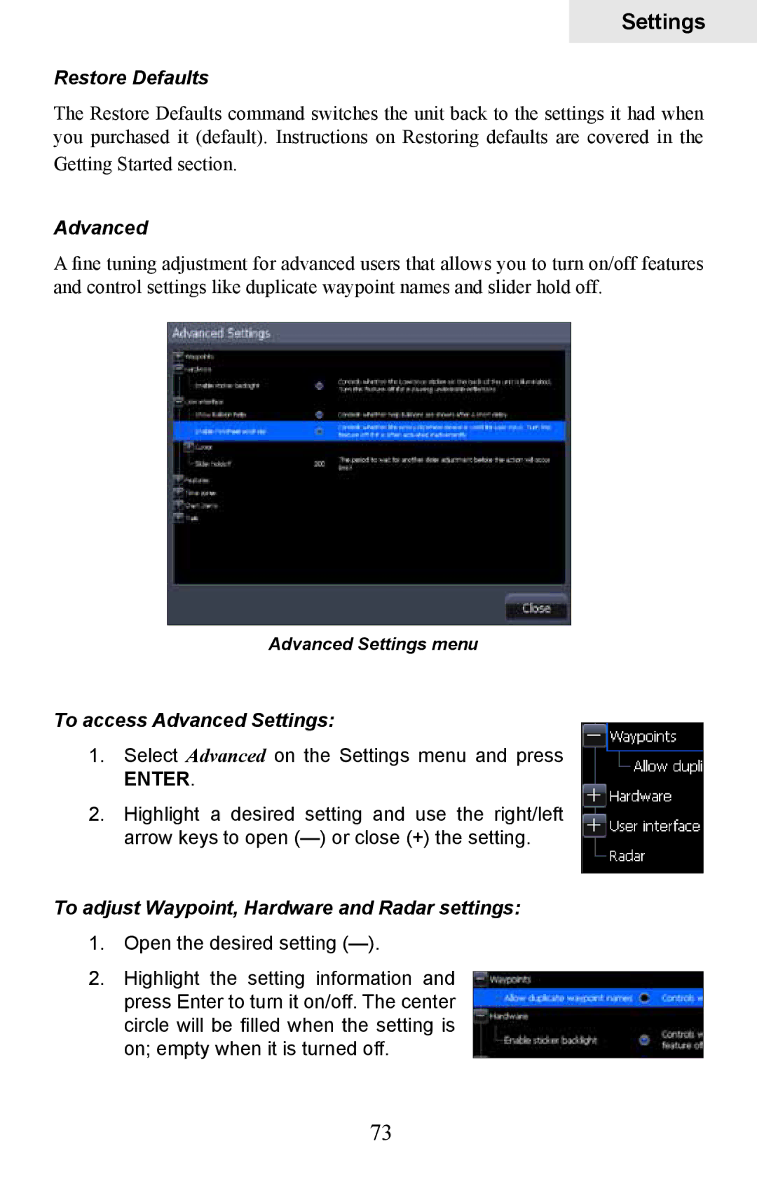 Lowrance electronic HDS-8M, HDS-10M operation manual Restore Defaults, To access Advanced Settings 