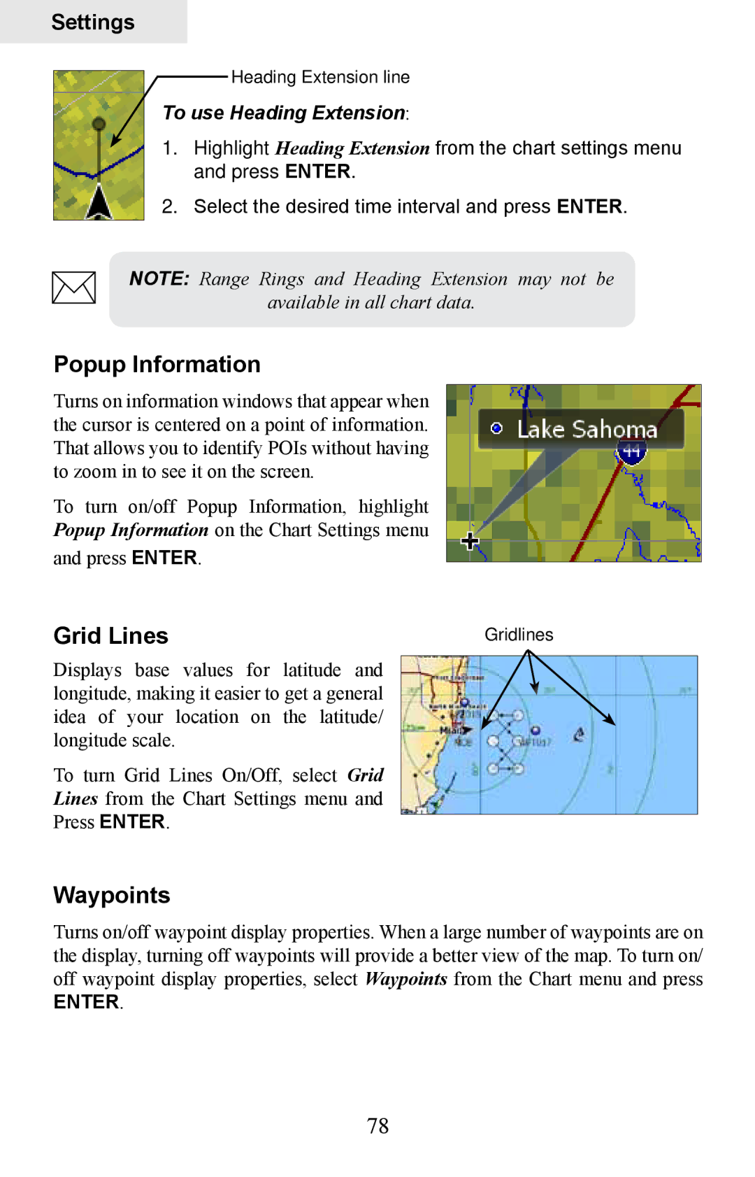 Lowrance electronic HDS-8M, HDS-10M operation manual Popup Information, Grid Lines, Waypoints, To use Heading Extension 