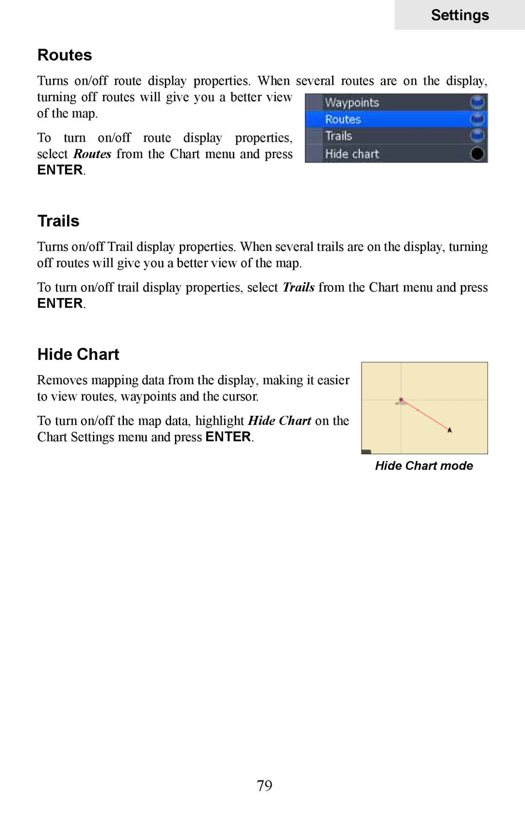 Lowrance electronic HDS-10M, HDS-8M operation manual Routes, Trails, Hide Chart 