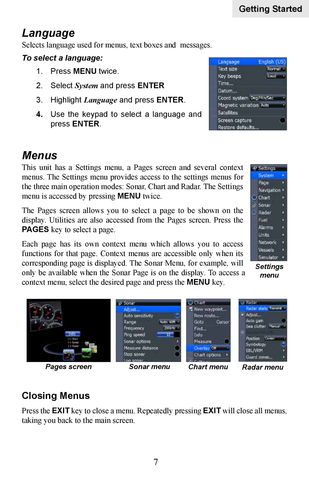 Lowrance electronic HDS-10M, HDS-8M operation manual Language, Closing Menus, To select a language 