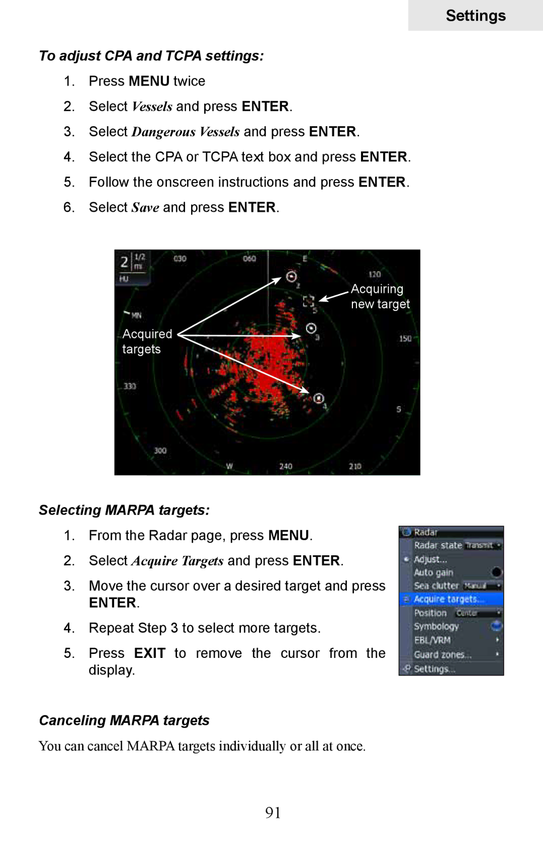 Lowrance electronic HDS-10M, HDS-8M To adjust CPA and Tcpa settings, Selecting Marpa targets, Canceling Marpa targets 