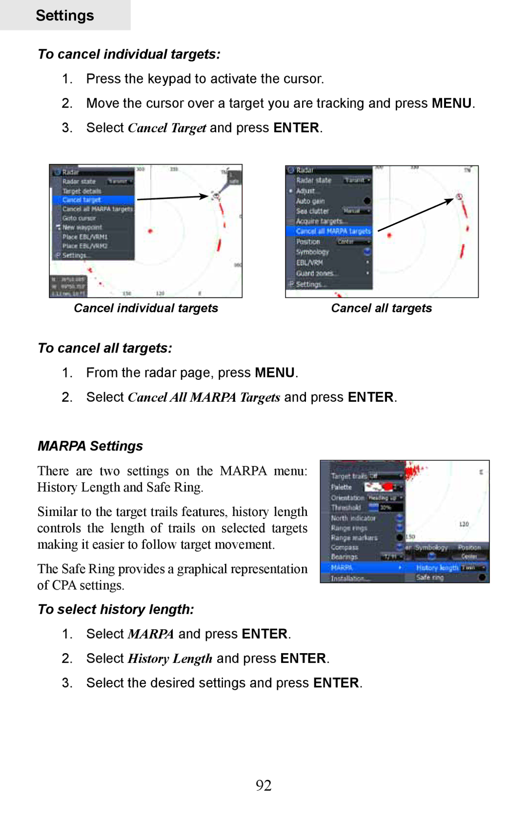 Lowrance electronic HDS-10 To cancel individual targets, To cancel all targets, Marpa Settings, To select history length 