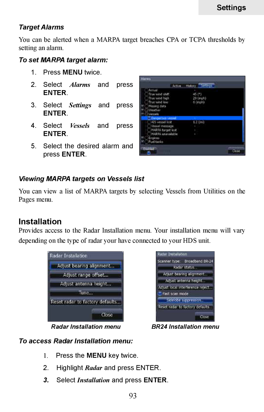 Lowrance electronic HDS-8 Installation, Target Alarms, To set Marpa target alarm, Viewing Marpa targets on Vessels list 