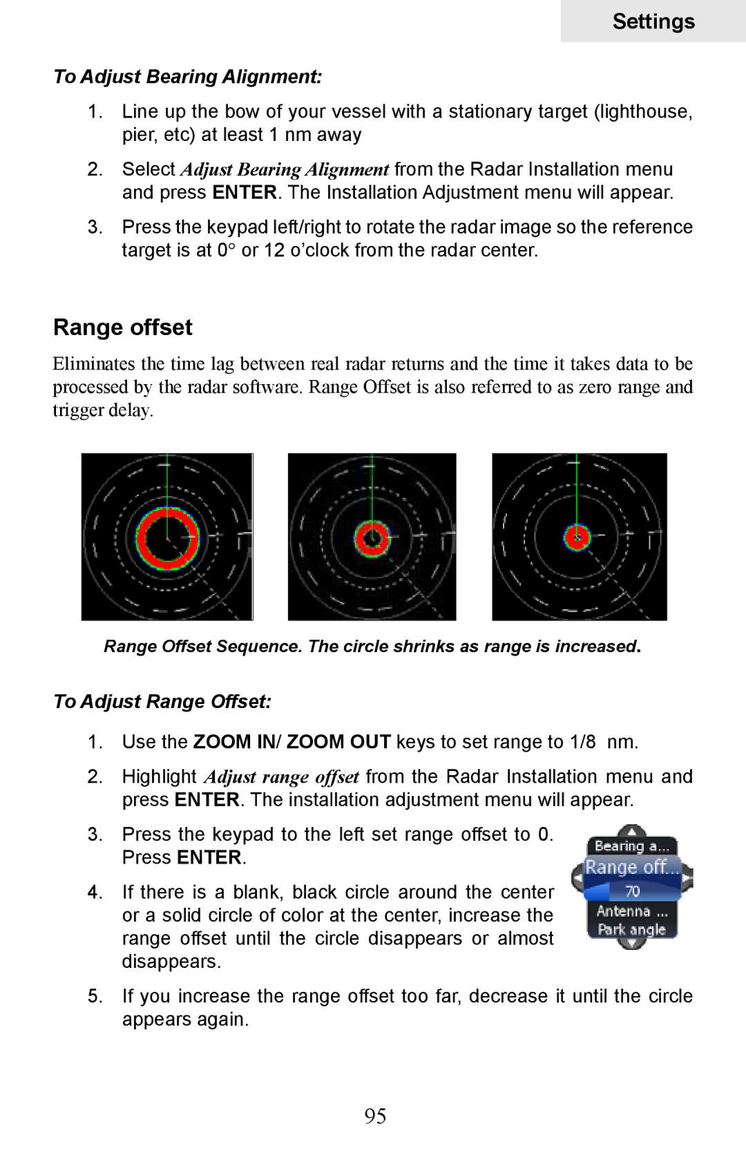 Lowrance electronic HDS-10M, HDS-8M operation manual Range offset, To Adjust Bearing Alignment, To Adjust Range Offset 