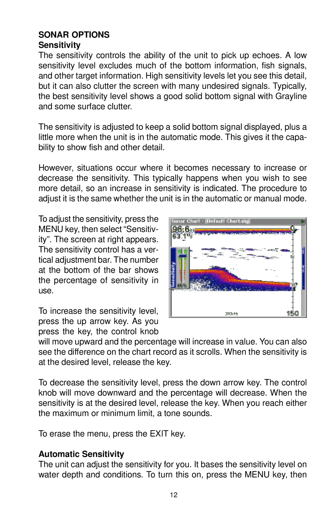 Lowrance electronic LCX-15CI, LCX-15CT manual Sonar Options, Automatic Sensitivity 