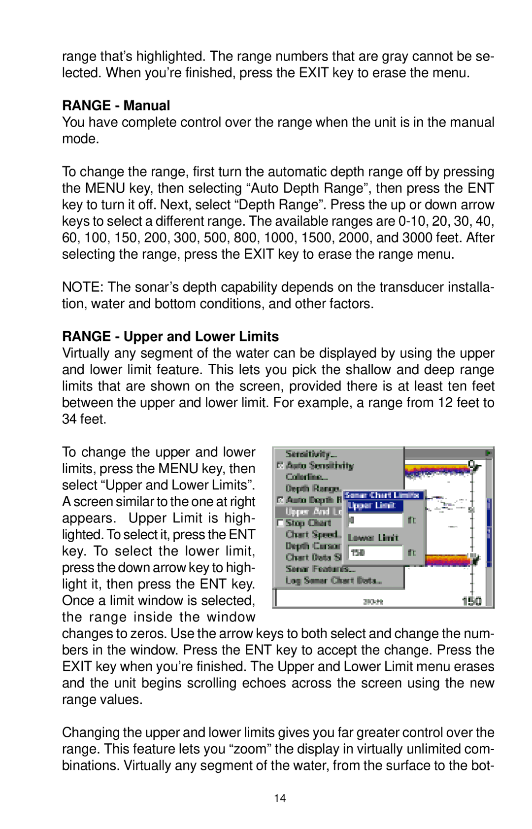 Lowrance electronic LCX-15CI, LCX-15CT manual Range Manual, Range Upper and Lower Limits 