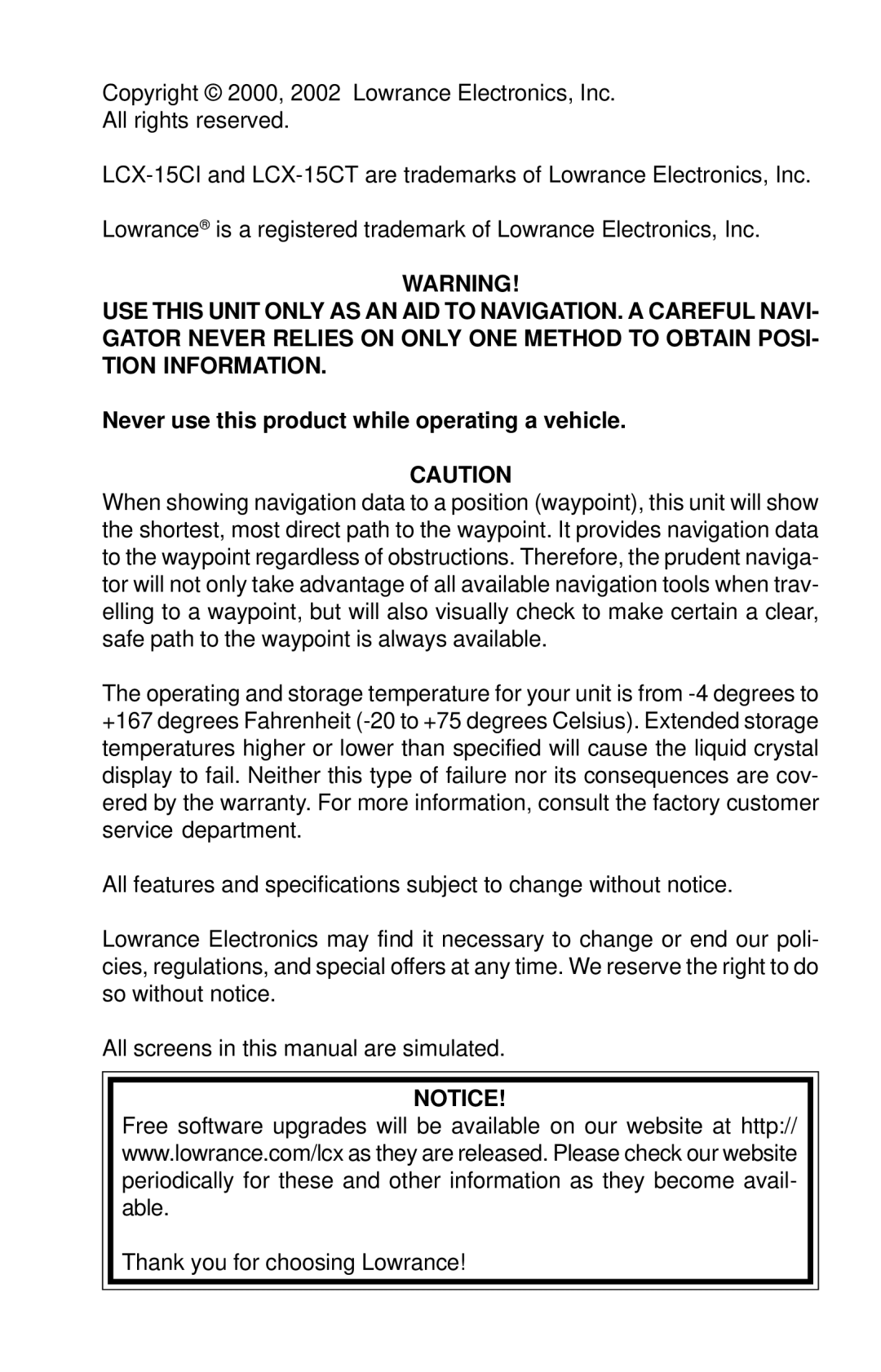 Lowrance electronic LCX-15CI, LCX-15CT manual Never use this product while operating a vehicle 
