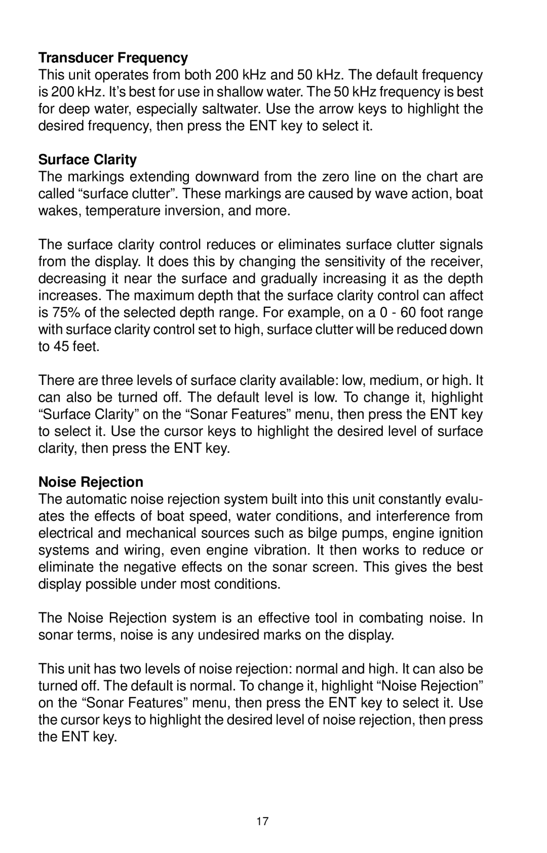 Lowrance electronic LCX-15CT, LCX-15CI manual Transducer Frequency, Surface Clarity, Noise Rejection 