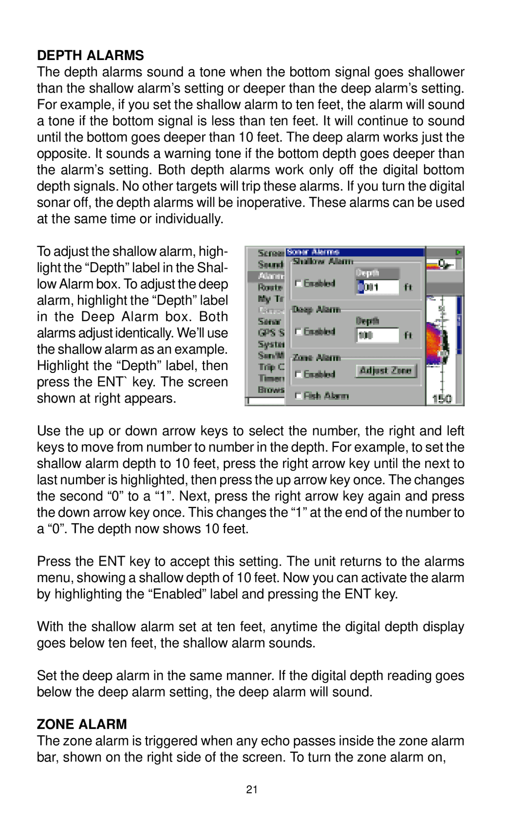 Lowrance electronic LCX-15CT, LCX-15CI manual Depth Alarms, Zone Alarm 