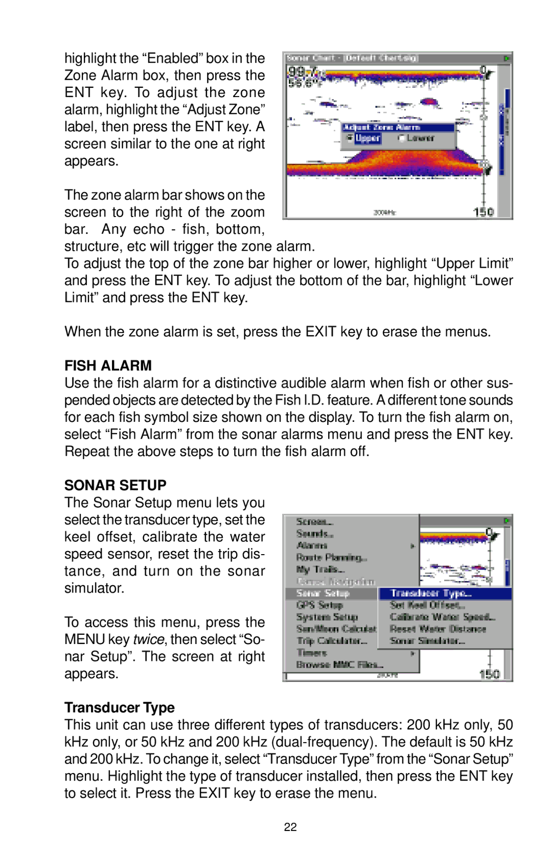 Lowrance electronic LCX-15CI, LCX-15CT manual Fish Alarm, Sonar Setup, Transducer Type 