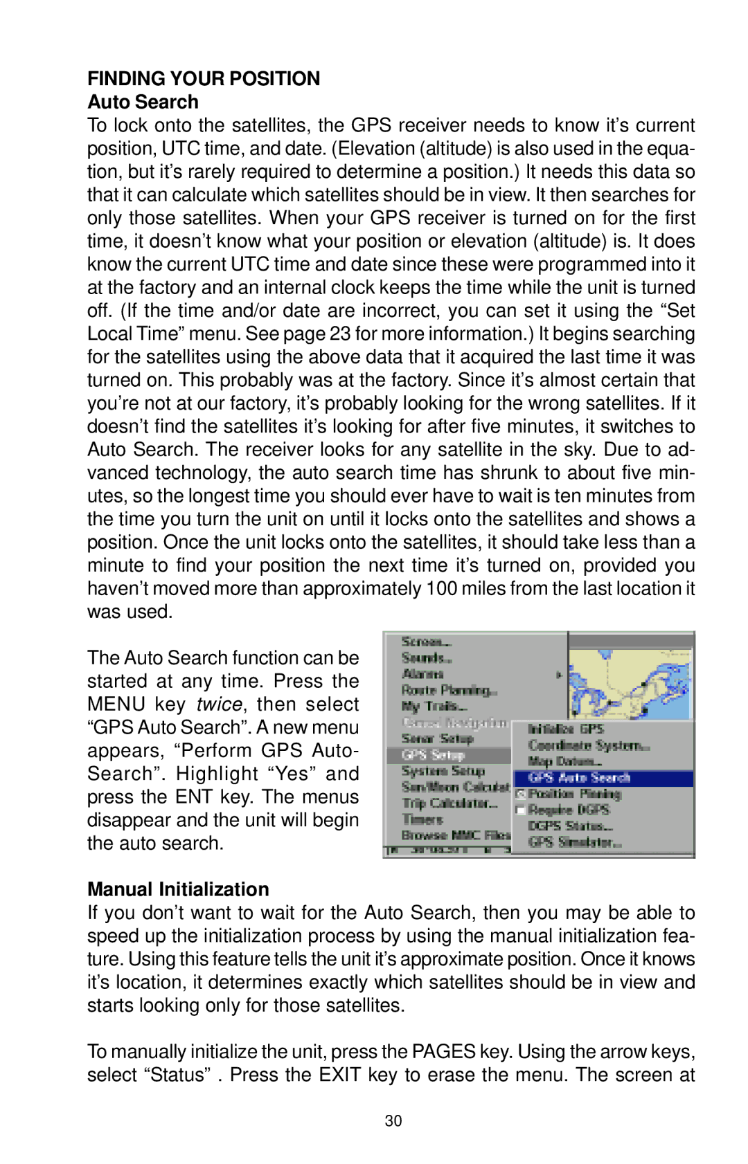 Lowrance electronic LCX-15CI, LCX-15CT manual Finding Your Position, Auto Search, Manual Initialization 