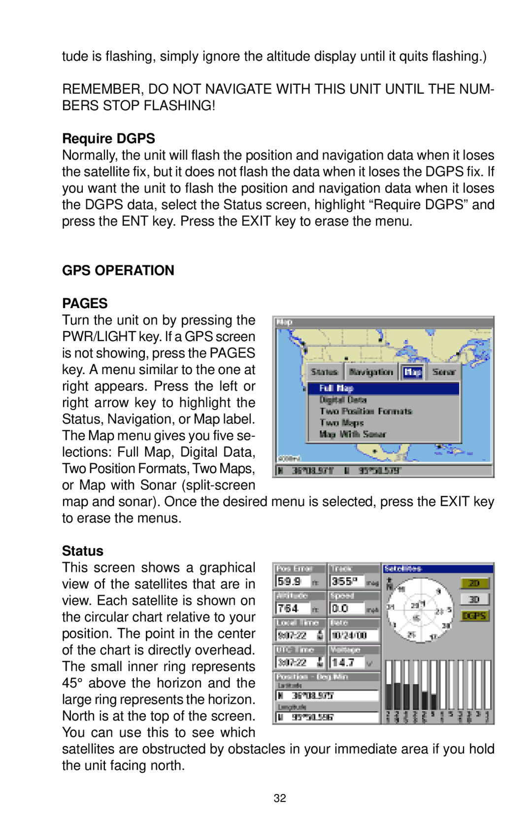 Lowrance electronic LCX-15CI, LCX-15CT manual Require Dgps, GPS Operation Pages, Status 