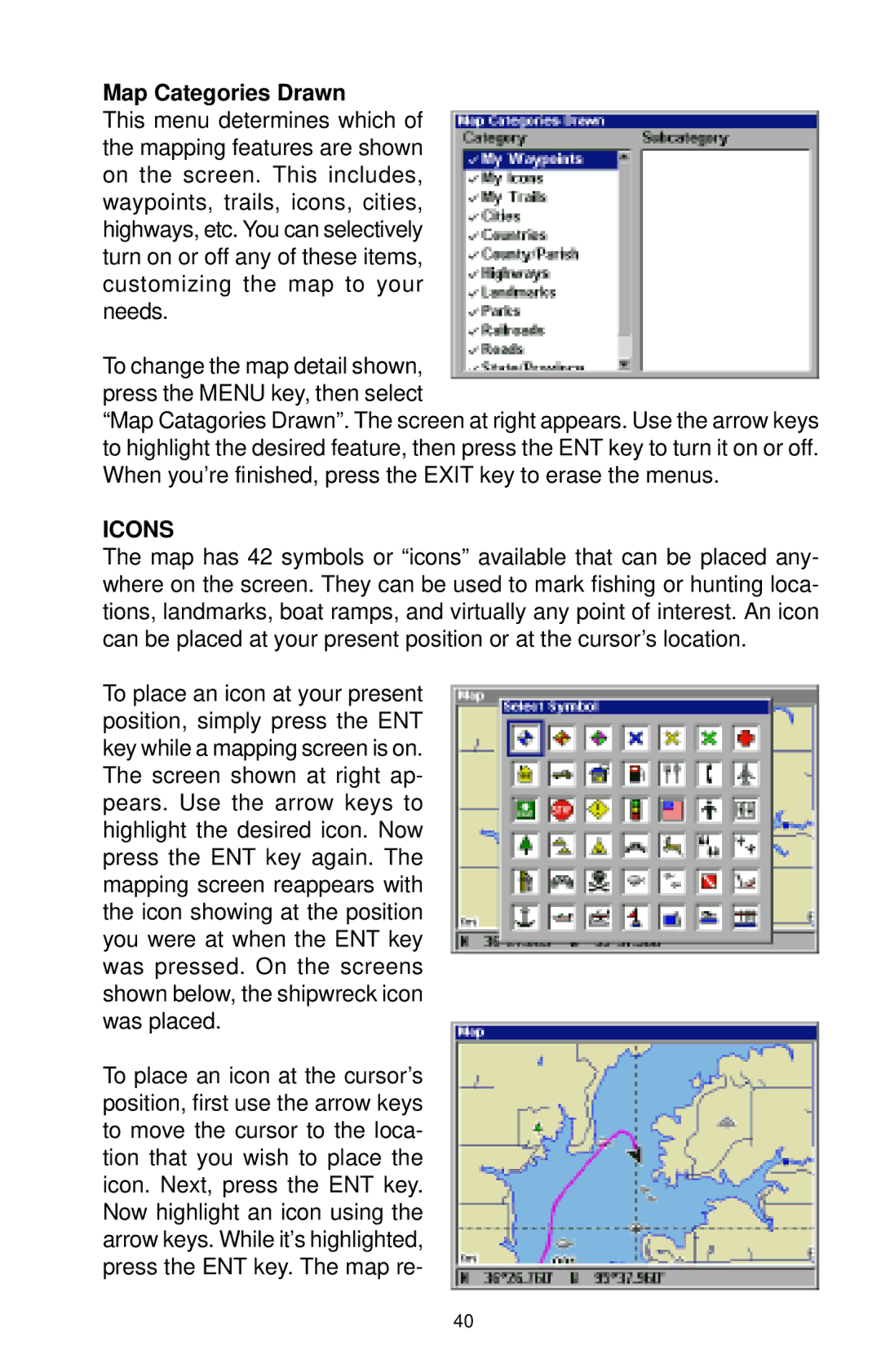 Lowrance electronic LCX-15CI, LCX-15CT manual Map Categories Drawn, Icons 