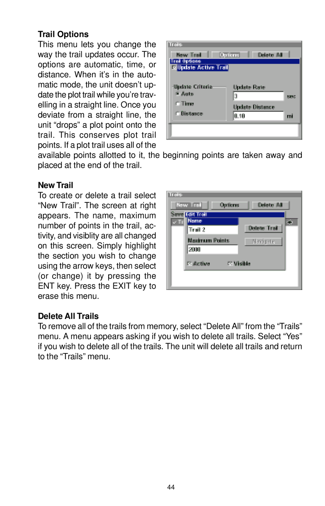 Lowrance electronic LCX-15CI, LCX-15CT manual Trail Options, New Trail, Delete All Trails 