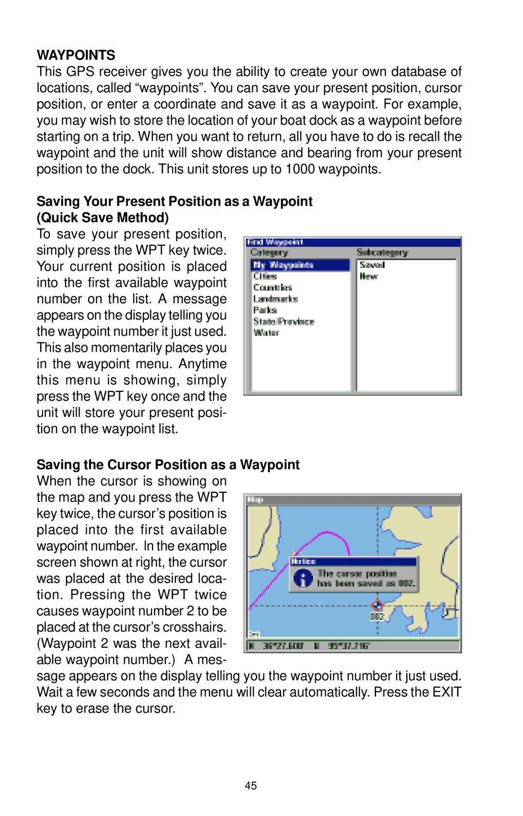 Lowrance electronic LCX-15CT, LCX-15CI manual Waypoints, Saving the Cursor Position as a Waypoint 