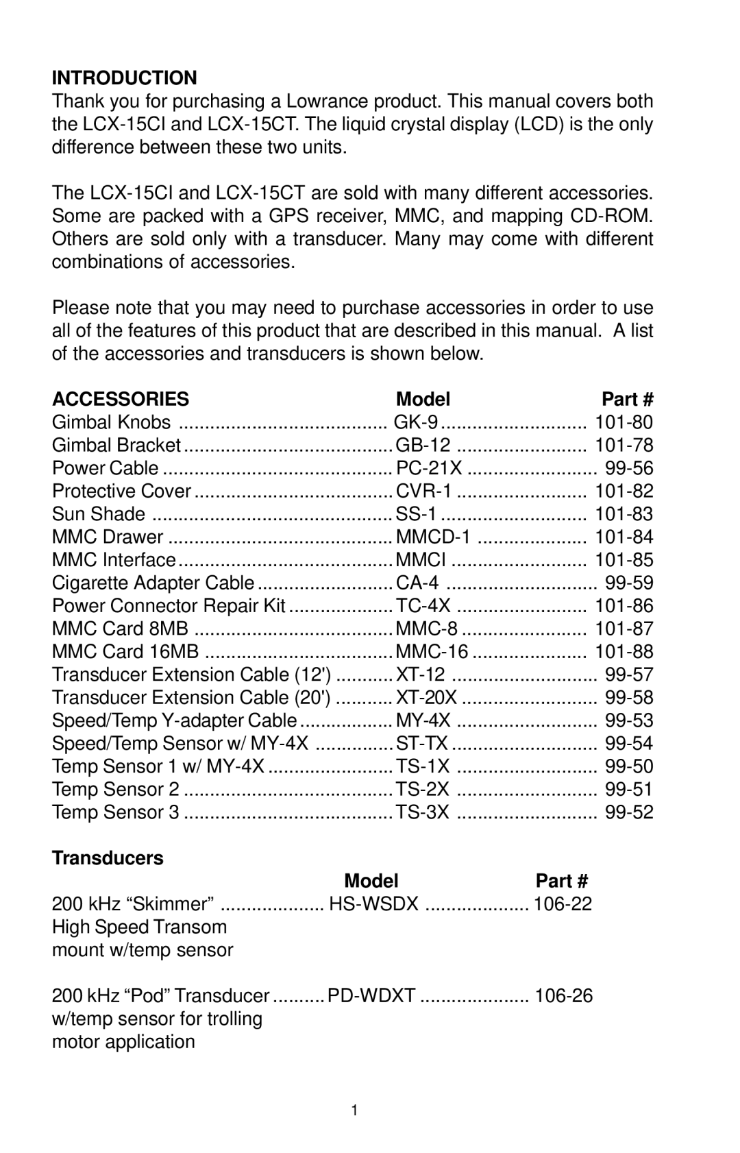 Lowrance electronic LCX-15CT, LCX-15CI manual Introduction, Accessories, Transducers Model 