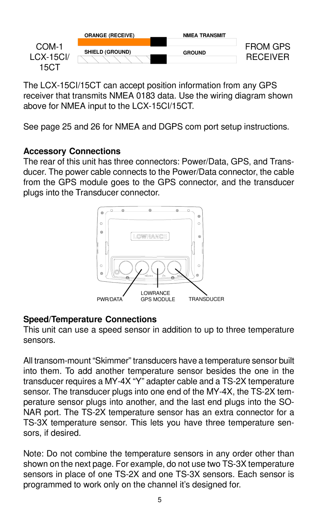 Lowrance electronic LCX-15CT, LCX-15CI manual Accessory Connections, Speed/Temperature Connections 