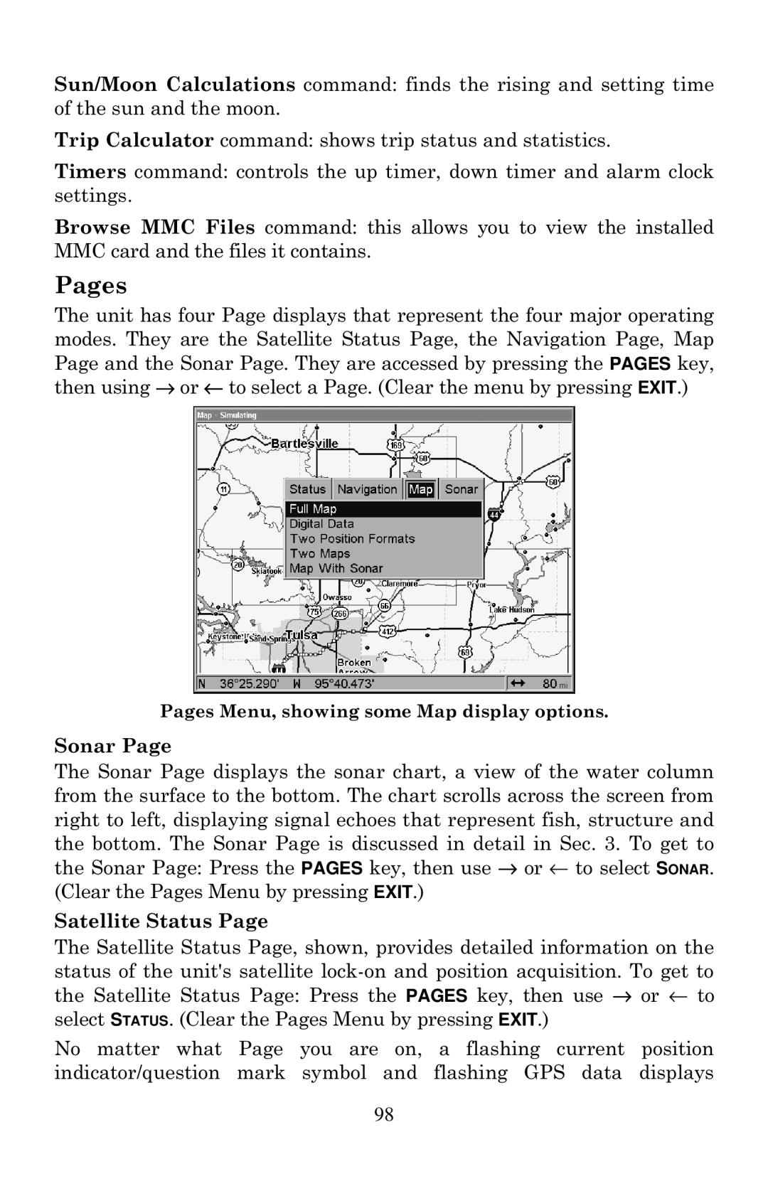 Lowrance electronic LCX-20C manual Pages Menu, showing some Map display options 