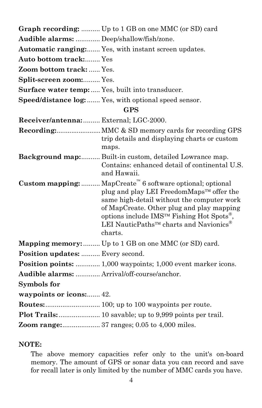 Lowrance electronic LCX-20C manual Graph recording, Audible alarms, Automatic ranging, Auto bottom track, Zoom bottom track 