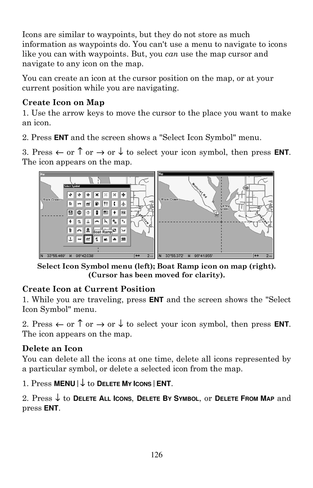 Lowrance electronic LCX-20C manual Create Icon on Map, Create Icon at Current Position, Delete an Icon 