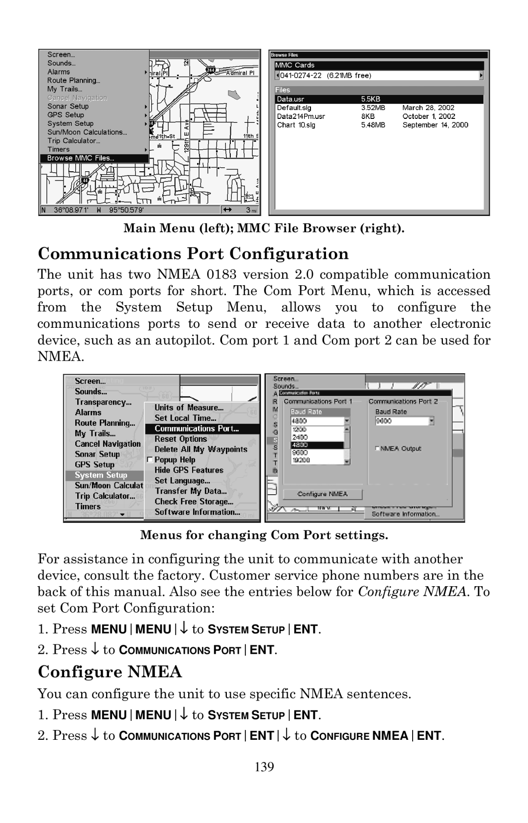 Lowrance electronic LCX-20C manual Communications Port Configuration, Configure Nmea 