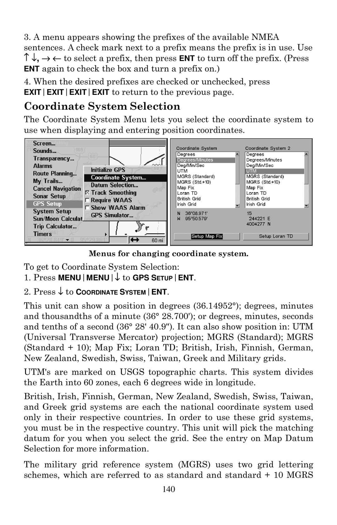 Lowrance electronic LCX-20C manual Coordinate System Selection 