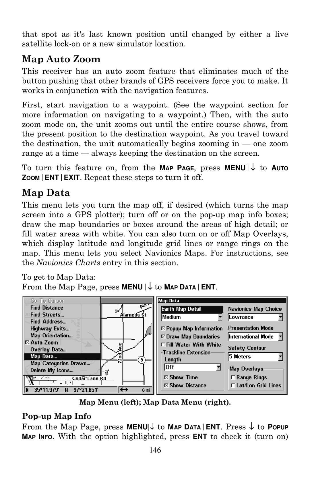 Lowrance electronic LCX-20C manual Map Auto Zoom, Map Data, Pop-up Map Info 