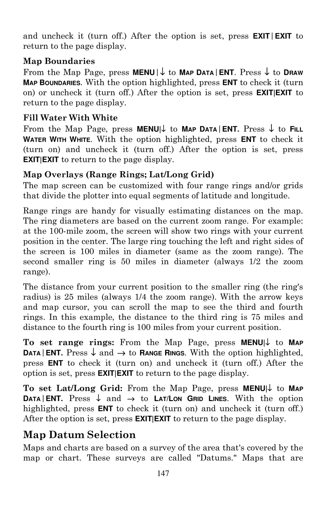 Lowrance electronic LCX-20C manual Map Datum Selection, Map Boundaries, Fill Water With White 