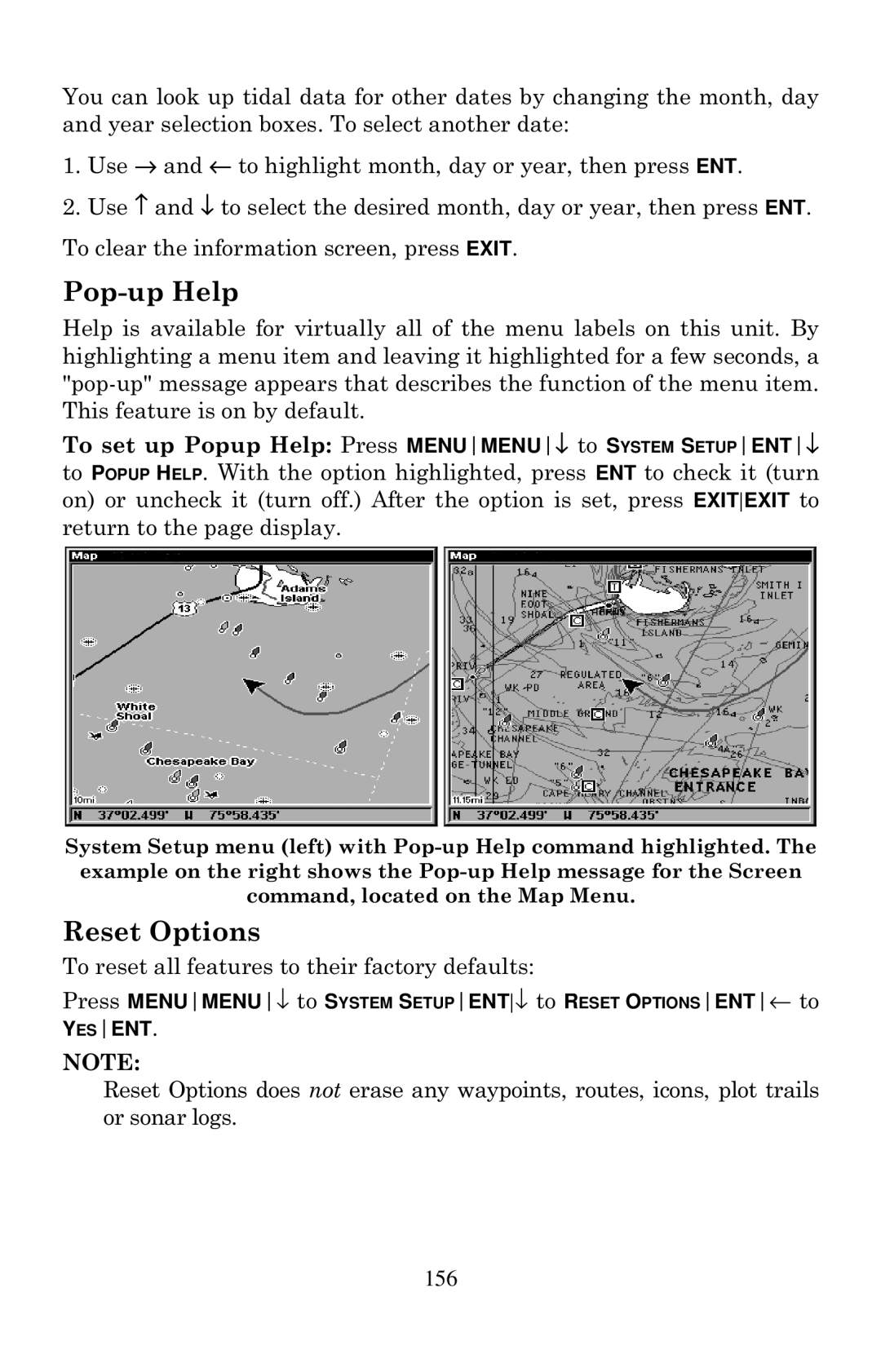 Lowrance electronic LCX-20C manual Pop-up Help, Reset Options 