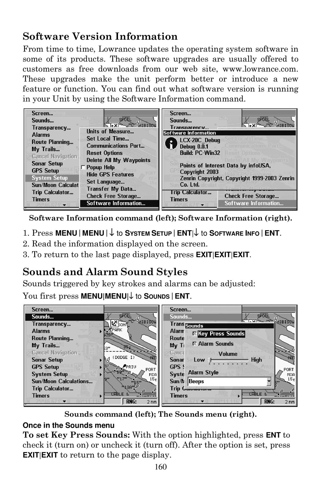 Lowrance electronic LCX-20C manual Software Version Information, Sounds and Alarm Sound Styles 