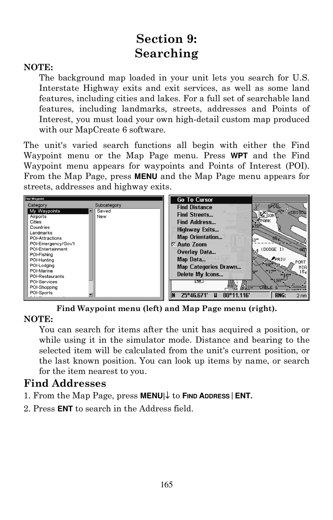 Lowrance electronic LCX-20C manual Section Searching, Find Addresses 