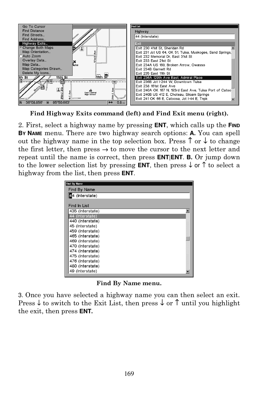 Lowrance electronic LCX-20C manual Find Highway Exits command left and Find Exit menu right 