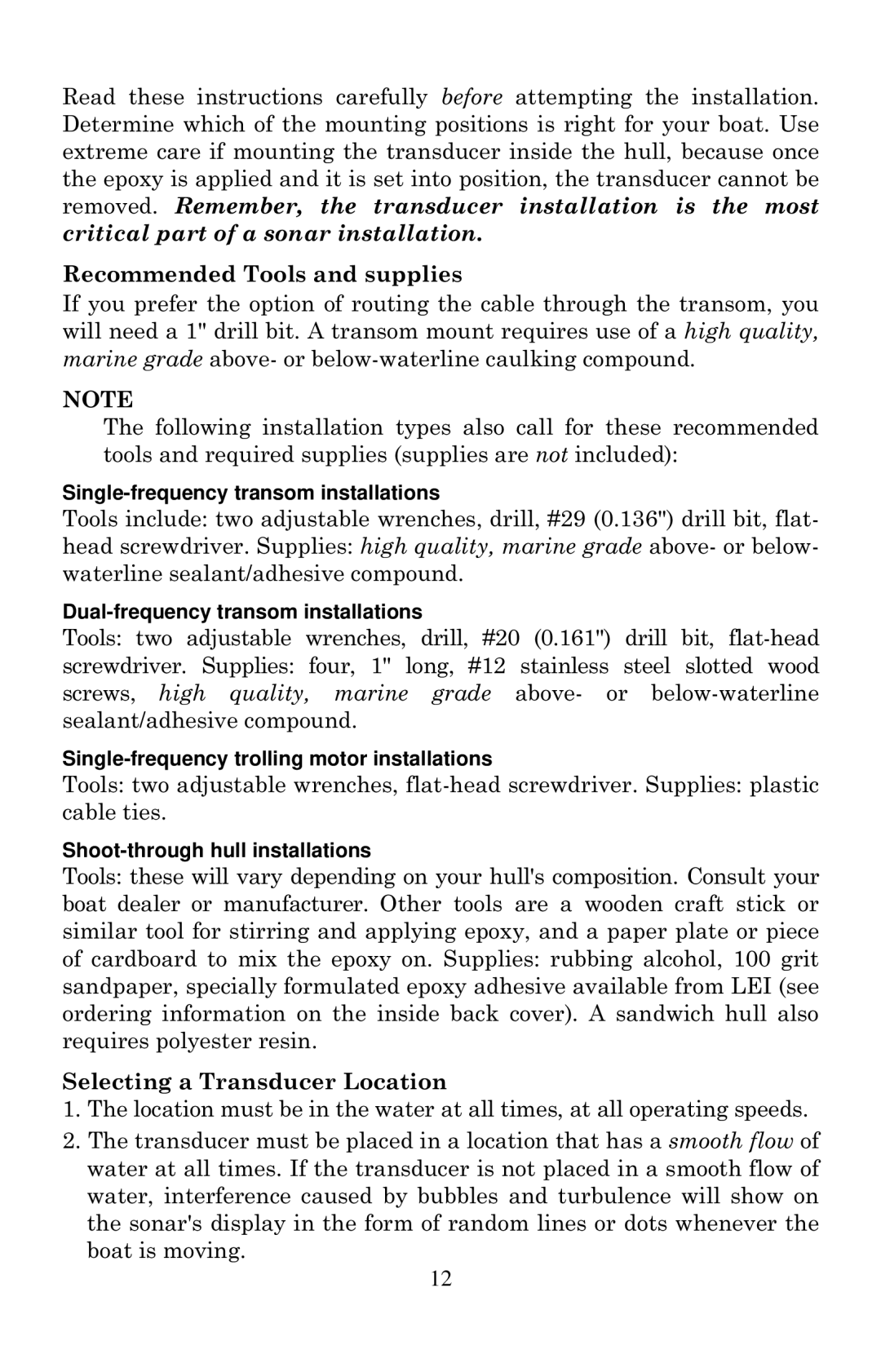 Lowrance electronic LCX-20C manual Recommended Tools and supplies, Selecting a Transducer Location 