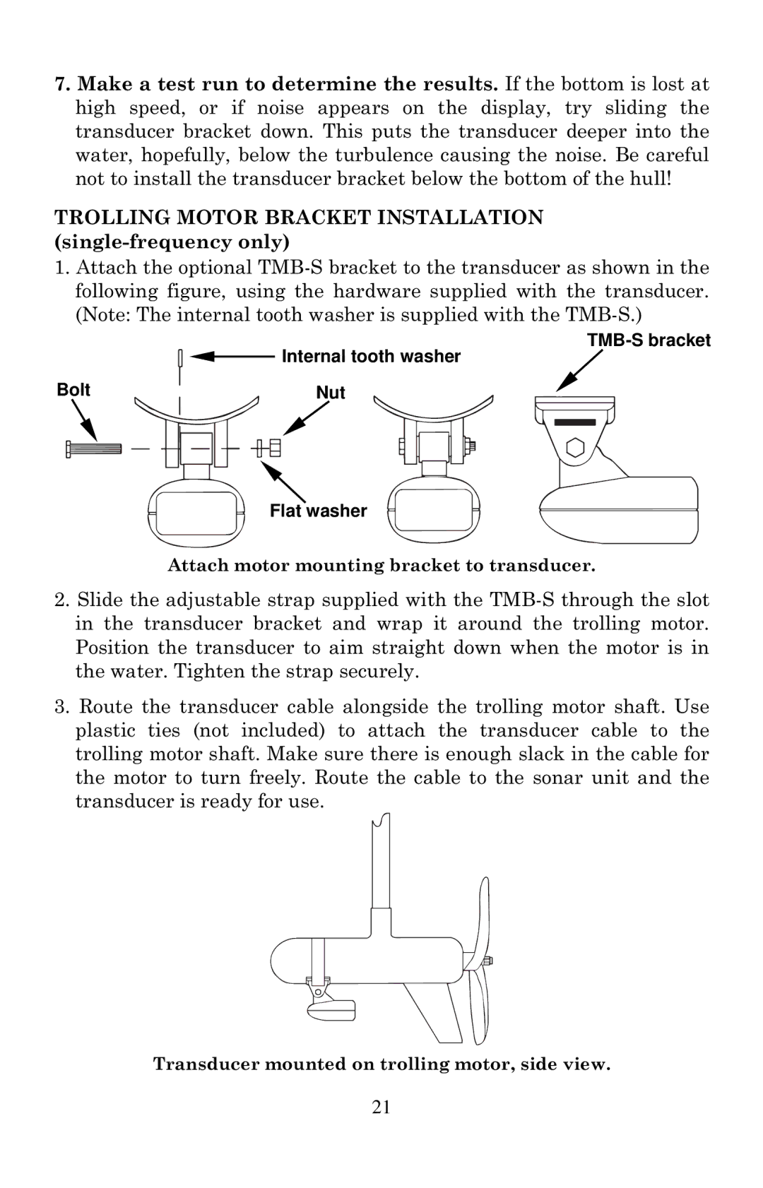 Lowrance electronic LCX-20C manual Trolling Motor Bracket Installation single-frequency only 