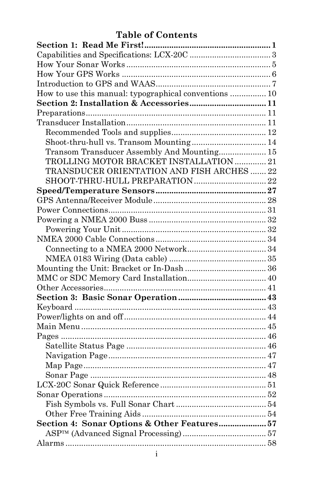 Lowrance electronic LCX-20C manual Table of Contents 