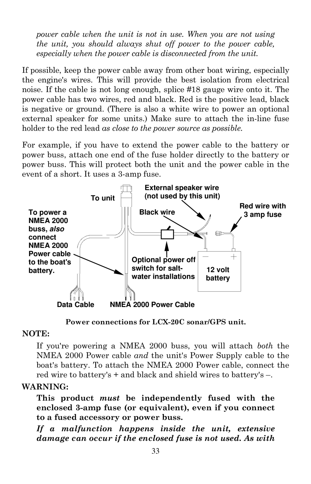 Lowrance electronic manual Power connections for LCX-20C sonar/GPS unit 