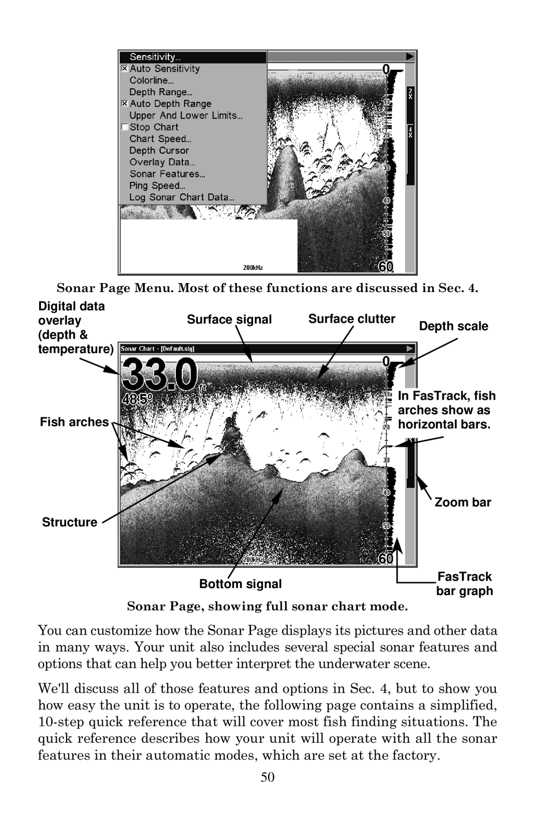 Lowrance electronic LCX-20C manual Sonar Page, showing full sonar chart mode 