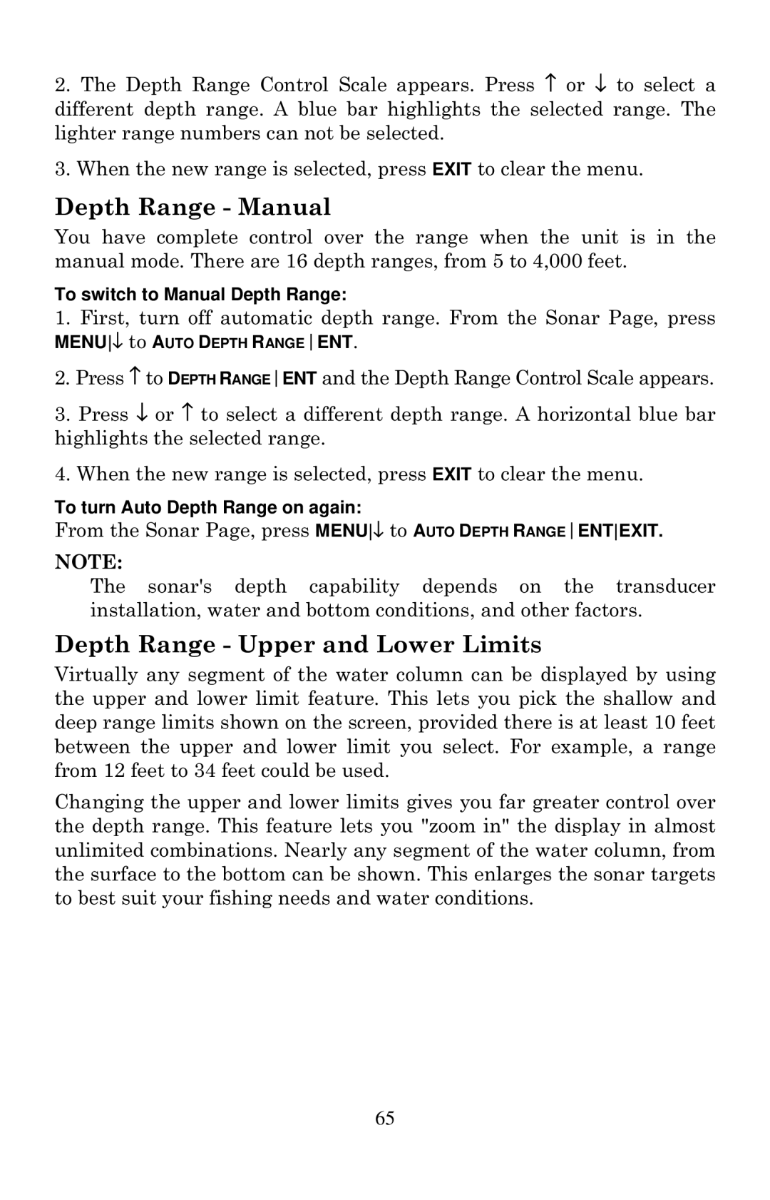 Lowrance electronic LCX-20C manual Depth Range Manual, Depth Range Upper and Lower Limits 