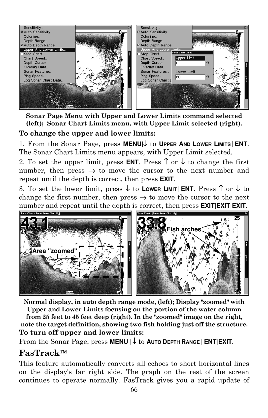 Lowrance electronic LCX-20C manual FasTrack, To change the upper and lower limits, To turn off upper and lower limits 