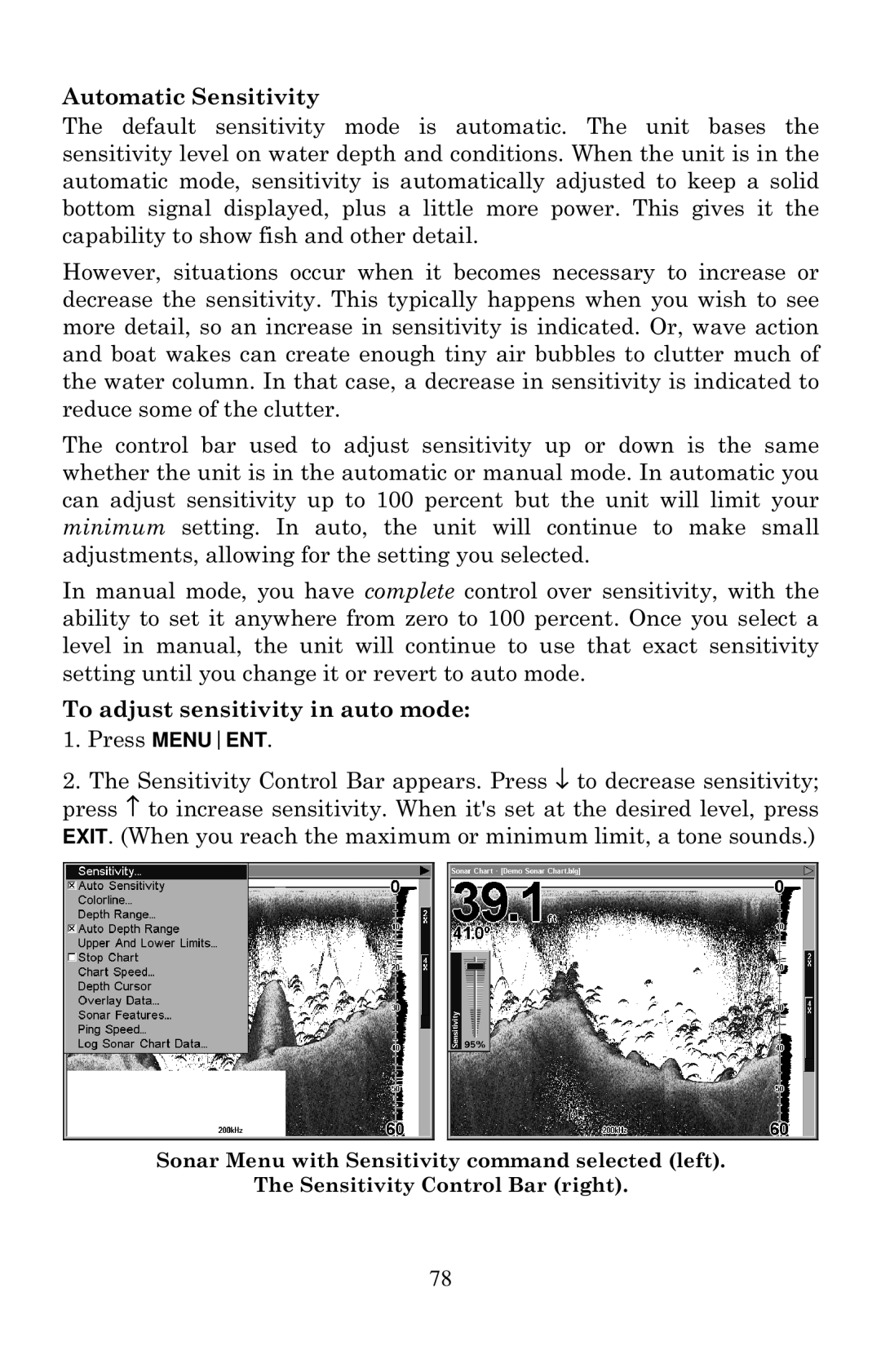 Lowrance electronic LCX-20C manual Automatic Sensitivity, To adjust sensitivity in auto mode 