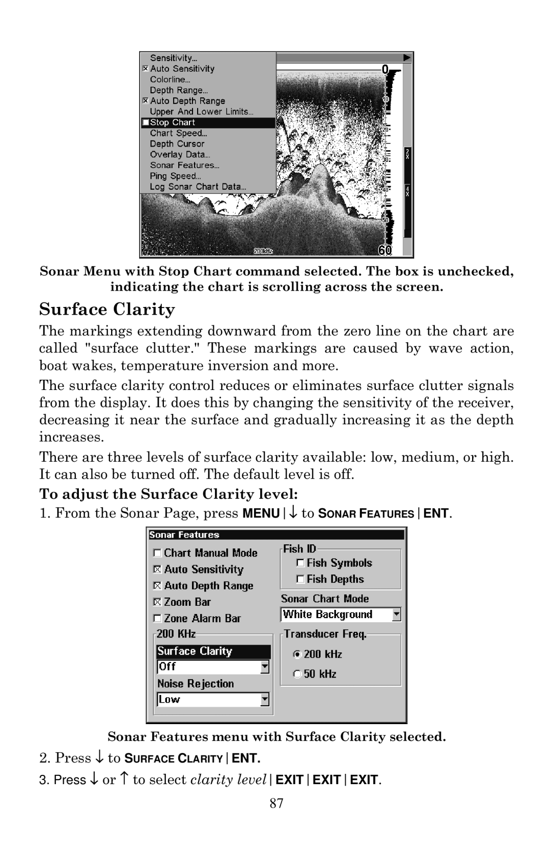 Lowrance electronic LCX-20C manual To adjust the Surface Clarity level 