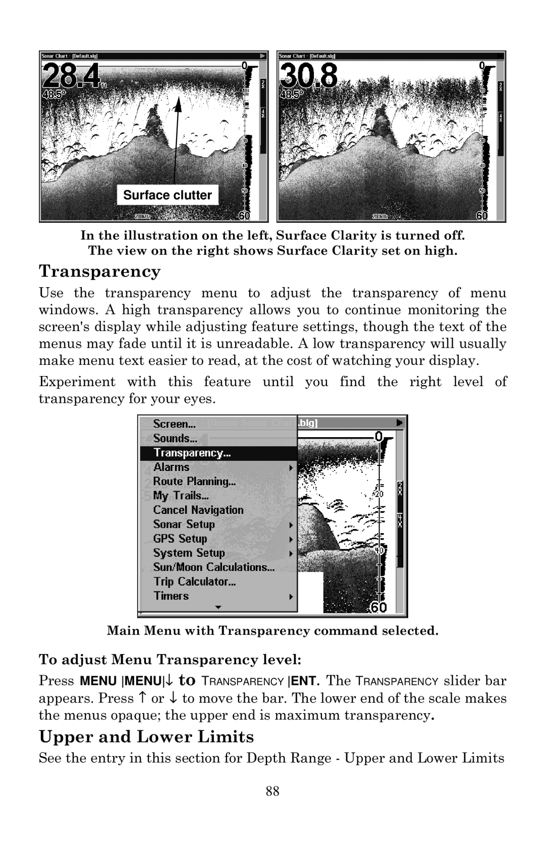 Lowrance electronic LCX-20C manual Upper and Lower Limits, To adjust Menu Transparency level 