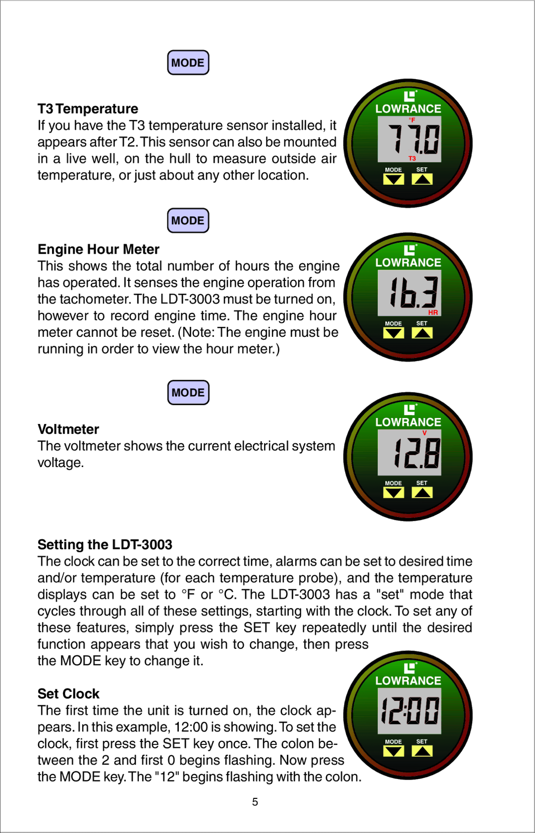 Lowrance electronic manual T3 Temperature, Engine Hour Meter, Voltmeter, Setting the LDT-3003 