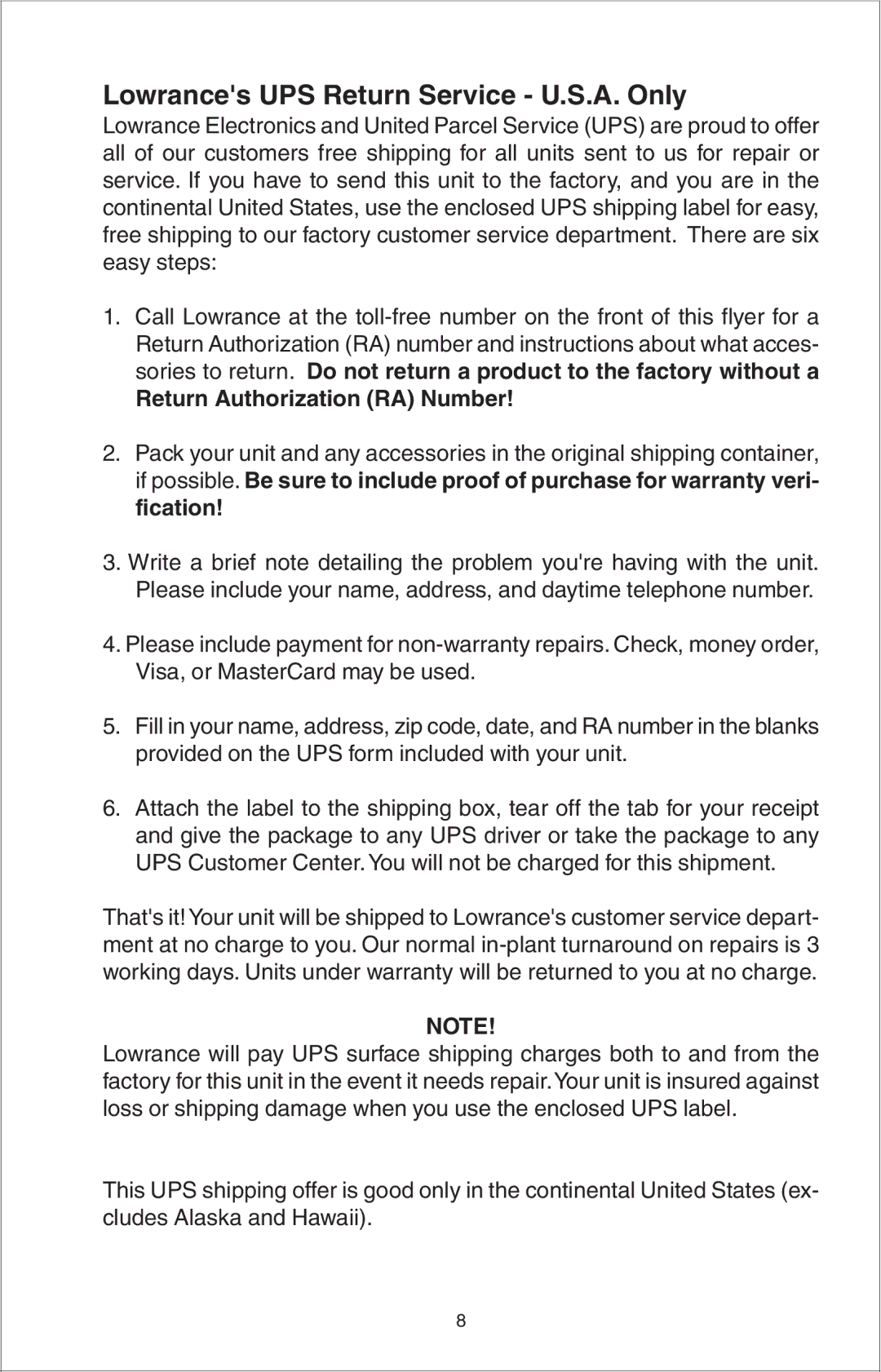 Lowrance electronic LDT-3003 manual Lowrances UPS Return Service U.S.A. Only, Return Authorization RA Number 