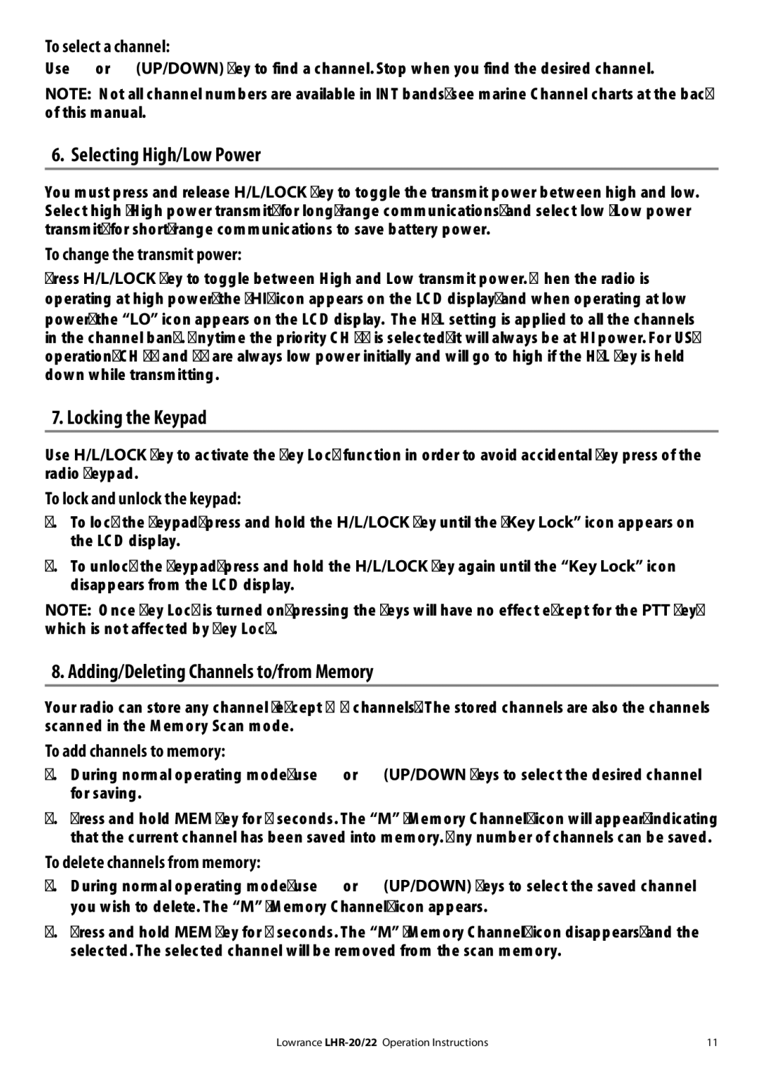 Lowrance electronic LHR-20 manual Selecting High/Low Power, Locking the Keypad, Adding/Deleting Channels to/from Memory 